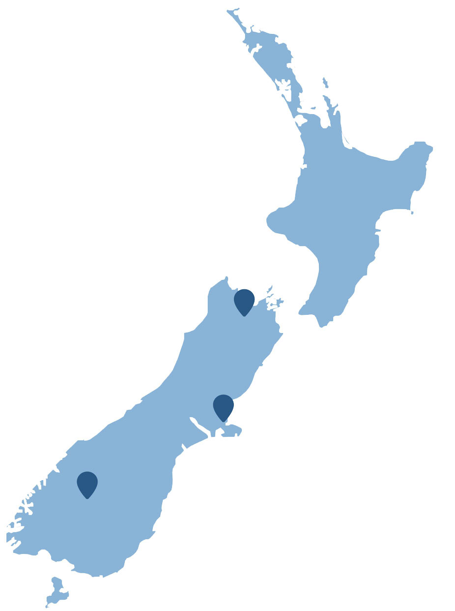 A map of New Zealand indicating where Bermuda Pools dealers are located