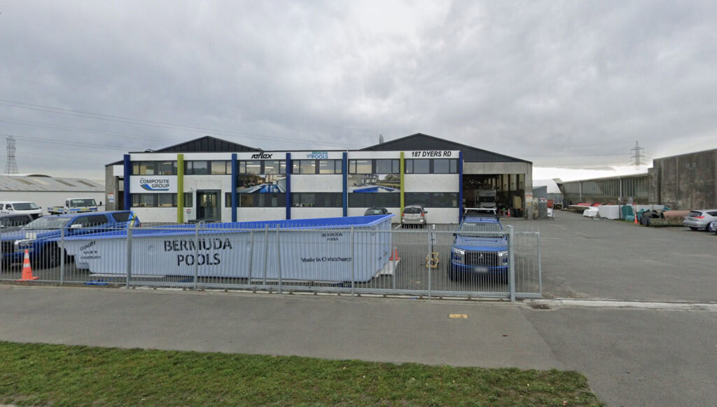 Blue commercial swimming pools and construction site at Bermuda Pools, Christchurch, New Zealand, showcasing pool installation and maintenance services.
