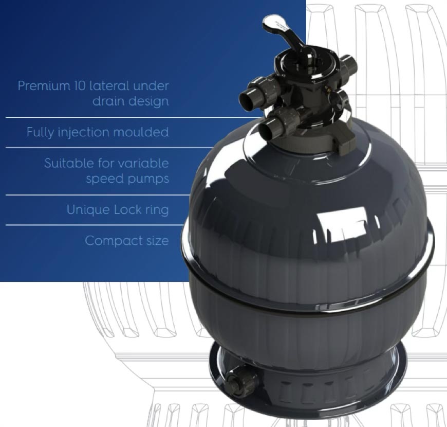 Pool pump with black housing and multiple connection ports, used for Bermuda residential pools, highlighting durability and efficiency in pool water circulation, with detailed specifications and features for optimal performance.