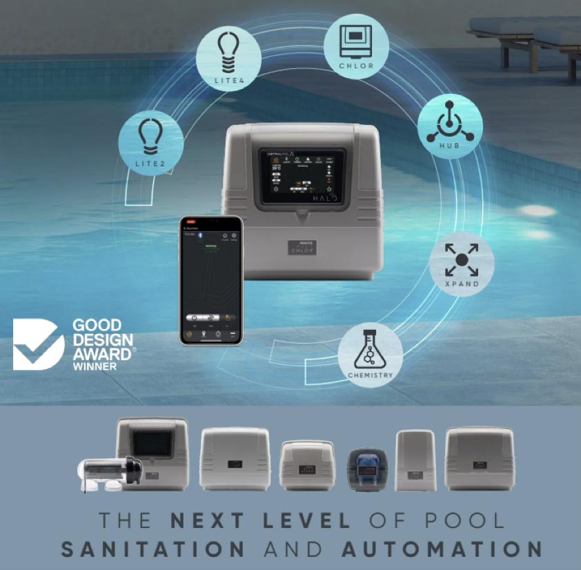 Intelligent pool control system for Bermuda Pools, wireless automation, smartphone app integration, innovative pool sanitisation, energy-efficient chlorination, advanced chemistry monitoring, modern pool technology, Good Design Award winner.