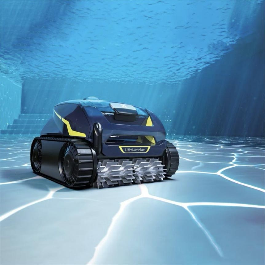 Autonomous underwater cleaning robot in a pool with dynamic water reflections and pool stairs, showcasing innovative technology for pool maintenance.