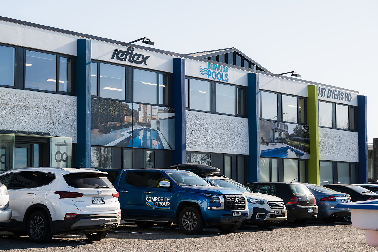 Bermuda Pools Christchurch factory and showroom as seen from Dyers Road in Christchurch
