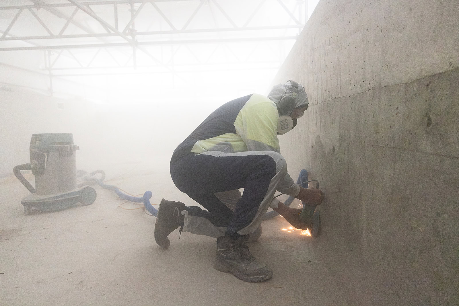 A concrete pool surface being prepared for a fibreglass lining